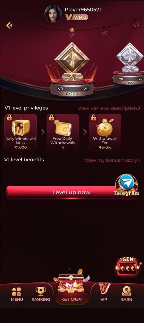 ix7 app VIP level privileges screen with withdrawal limits and benefits